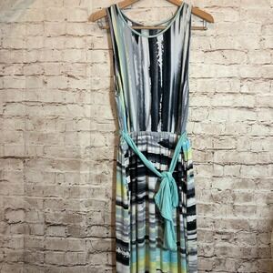 Egs Maxi Dress Womens 2XL Gray & Turquoise Tie Dye Stripes Belted Long Stretch